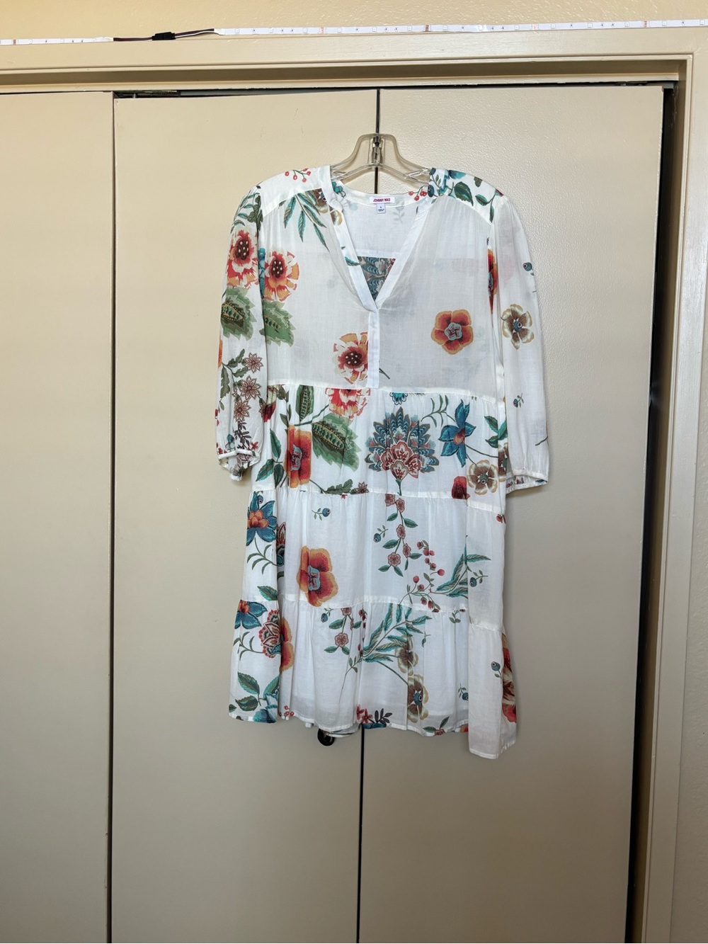 Johnny Was Cotton Cream Dress with Floral Print in Orange, Green, Blue